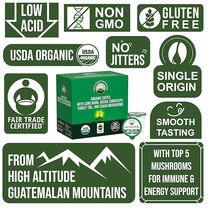Organic Mushroom Coffee Pods with Lion's Mane, Reishi, Cordyceps, Turkey Tail, and Chaga Mushrooms.
