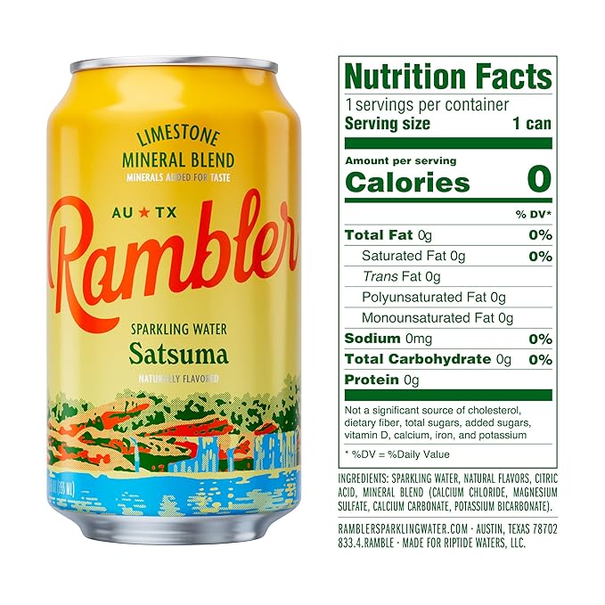 AUTX RAMBLER Sparkling Water, Texas Limestone Mineral Blend, Satsuma Flavor, 12-Ounce Cans, 12-Pack