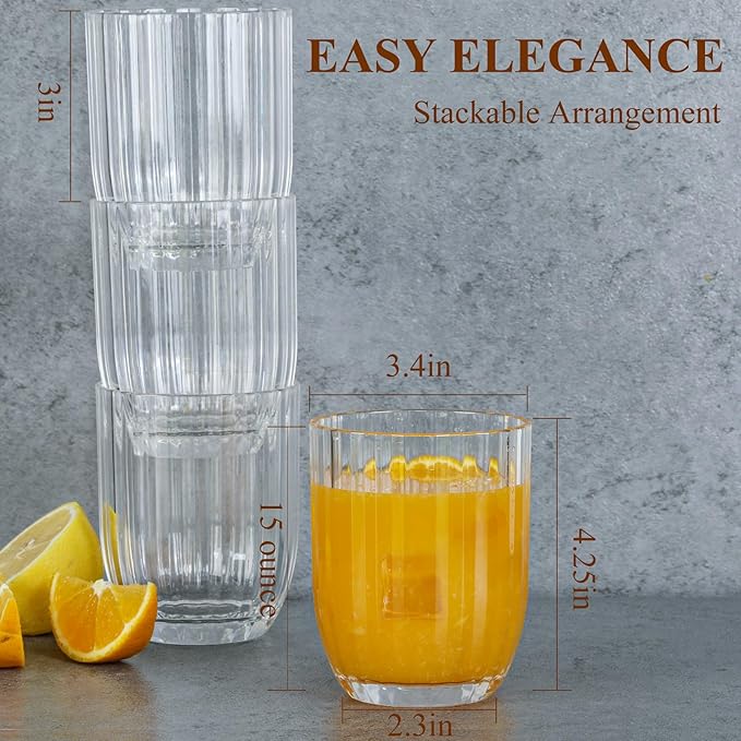 Acrylic Clear Highball Plastic Cups | Plastic Reusable Tumblers 15oz (Set of 6) | Stackable |