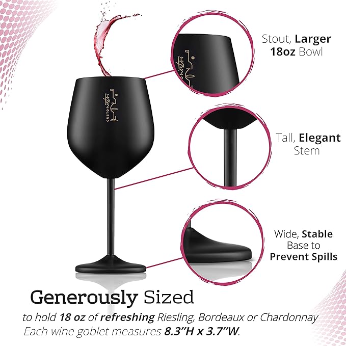 Gusto Nostro Stainless Steel Wine Glass - 18 oz - Unbreakable Black Wine Glasses for Travel