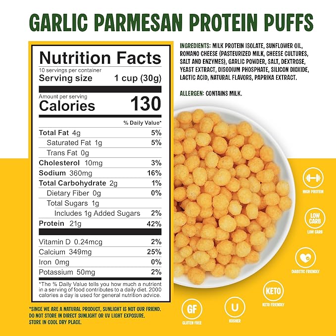 Twin Peaks Protein Puffs - (Garlic Parmesan), Keto Friendly, Low Carb Snack (300g, 21g Protein, 2g