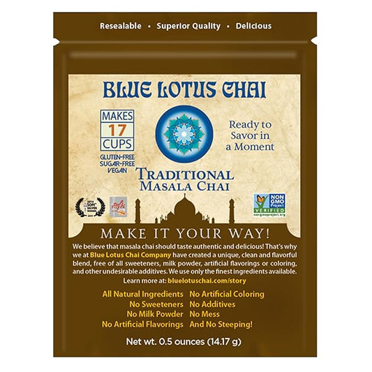 Blue Lotus Chai - Traditional Masala Chai - Makes 17 Cups - 0.5 oz Pouch Masala Spiced Chai Powder