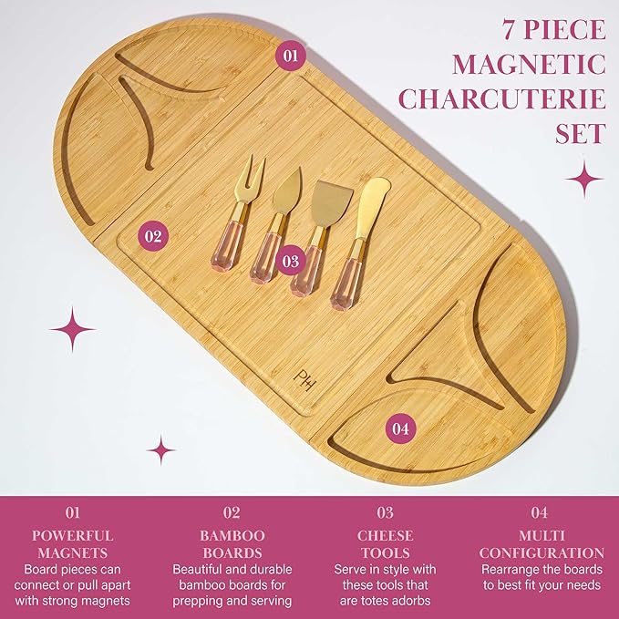 Paris Hilton Charcuterie Board and Serving Set, Customizable and Magnetic Bamboo Board with Cheese
