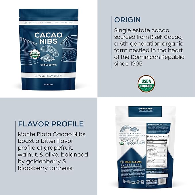 One Farm by WAAYB Organic Cacao Nibs, Single Estate, Non-GMO, Fair-Trade, Vegan, Gluten Free, 100%