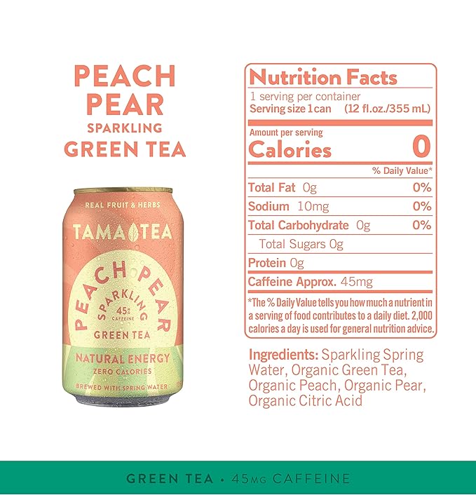 Tama Tea Sugar-Free Sparkling Green Tea, Peach Pear – Organic & Naturally Energizing – Zero