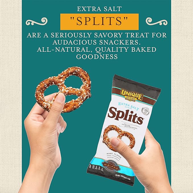 Unique Snacks Extra Salt Splits Pretzels, Original Split-Open Pretzels, Delicious Homestyle Baked