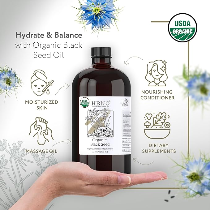 HBNO Organic Black Seed Oil - Huge 32oz (950ml) Glass Bottle Value Size - USDA Certified Organic