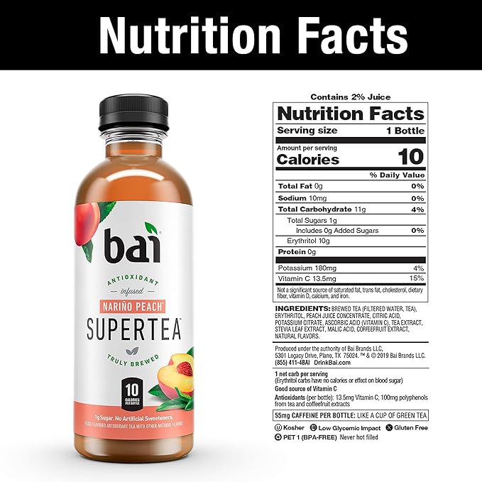 Bai Iced Tea, Narino Peach, Antioxidant Infused Supertea, Crafted with Real Tea (Black Tea, White