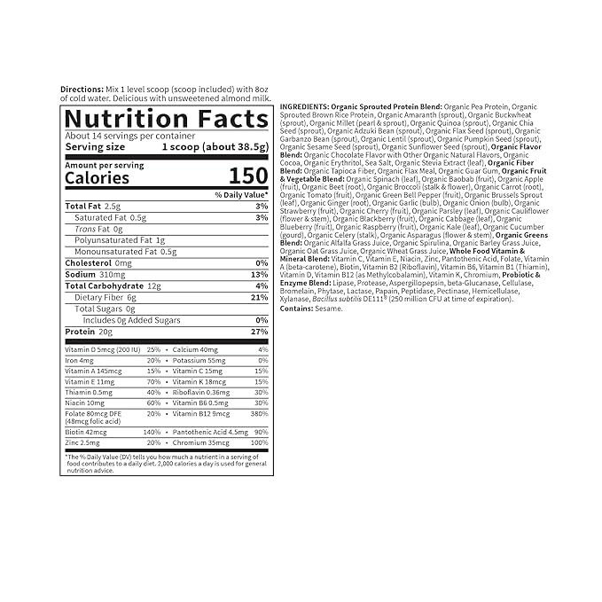 Garden of Life Meal Replacement Shakes, Raw Organic, Chocolate Protein Powder with Plant Based Pea