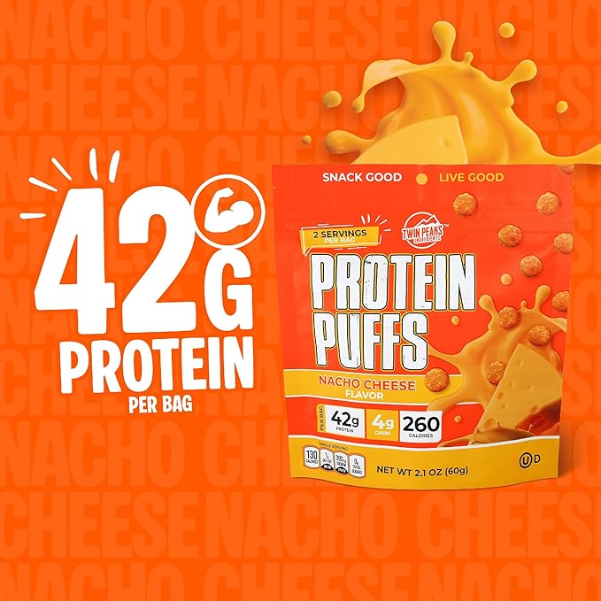 Twin Peaks Low Carb, Keto Friendly Protein Puffs, (Nacho Cheese), 2 Servings, 3 Pack (60g, 42g