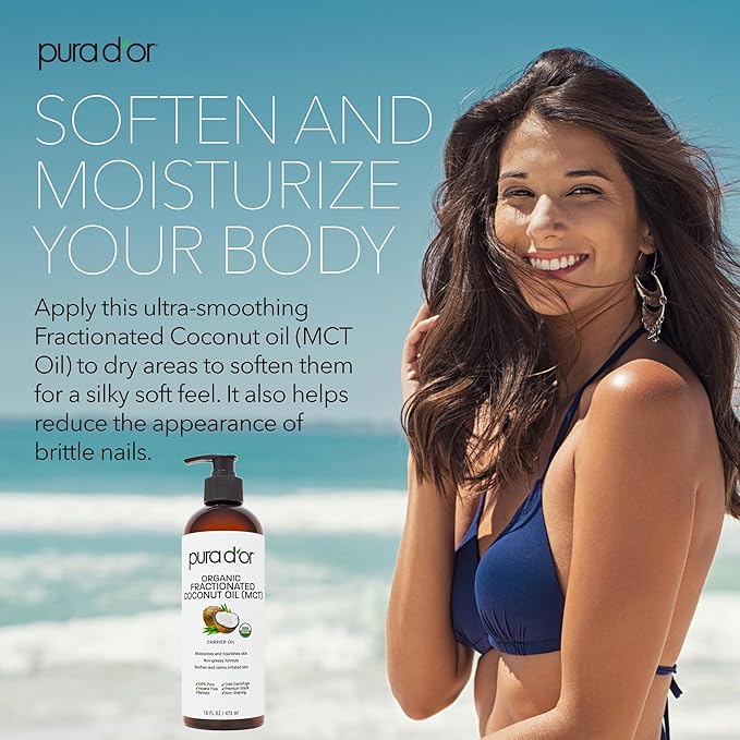 PURA D'OR 16 Oz ORGANIC Fractionated Coconut Oil - MCT Oil - 100% Pure & Natural USDA Certified