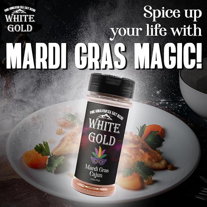 White Gold Cajun Seasoning - Cajun Spice with Pink Himalayan Sea Salt - Mardi Gras-inspired Gourmet