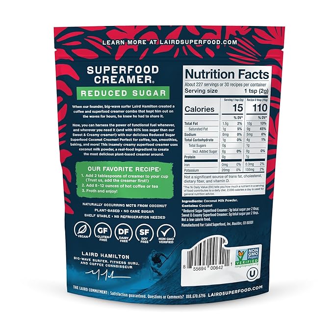 Laird Superfood Non-Dairy Reduced Sugar Superfood Coconut Powder Coffee Creamer, Keto, No Sugar