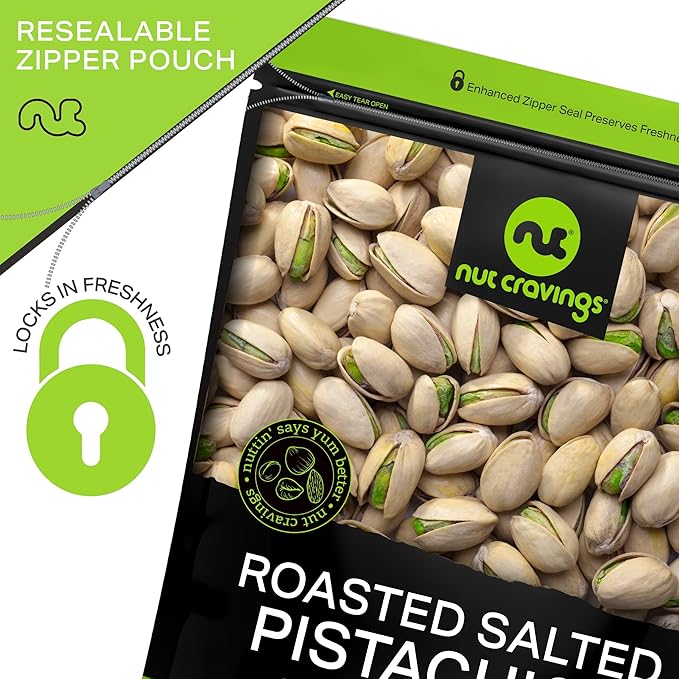 NUT CRAVINGS - Freshly Roasted & Salted California Pistachios (16oz - 1 LB) Packed Fresh in