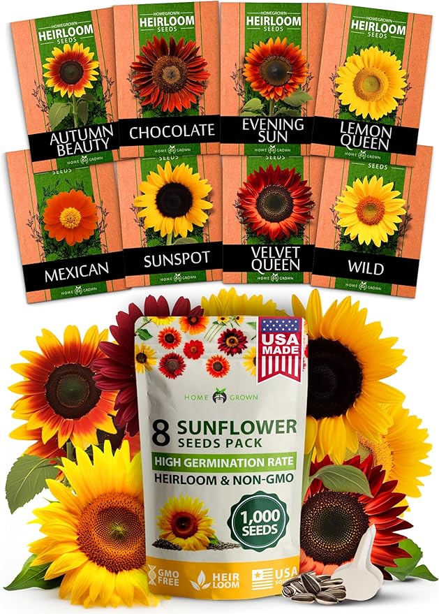 Home Grown Sunflower Seeds for Planting | 8 Varieties |1000+ Non-GMO Sun Flower Seeds Packets to