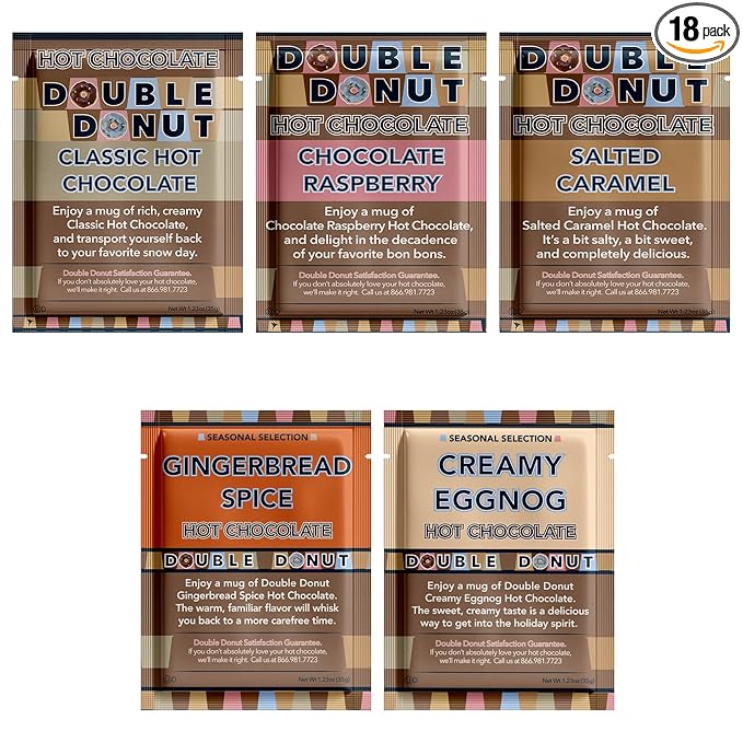 Double Donut Flavored Hot Chocolate Packets Variety Pack,18 Count Includes Classic, Chocolate