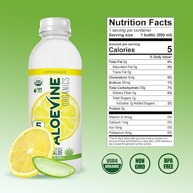 Aloe Vera Juice, No-Pulp Organic Aloe Vera Drink, Healthy Juice with Aloe Powder and Lemon Juice, 5