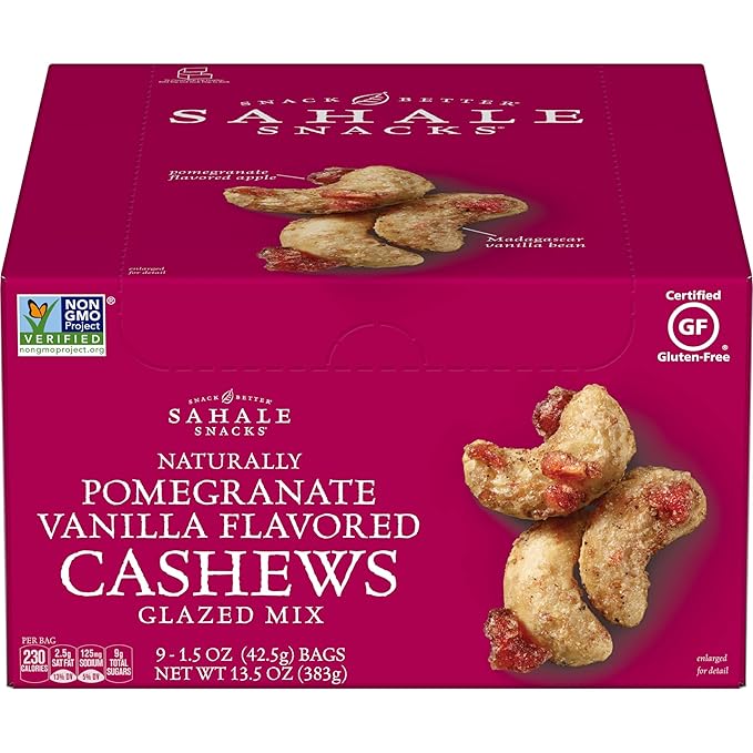 Sahale Snacks Pomegranate Vanilla Cashews, 1.5 oz Bags (18 Packs) - Dry-Roasted Deluxe Mixed Nuts