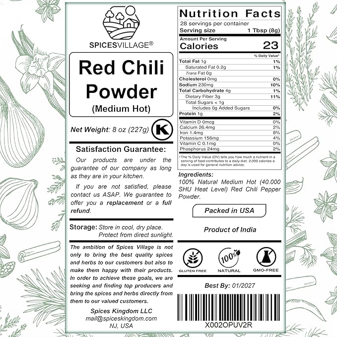 Spices Village Red Chili Powder, Medium Hot Ground Red Peppers for Cooking, 8 oz, Kosher Certified