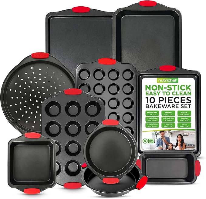 NutriChef Premium 10-Piece Bakeware Set - Flexible Nonstick Carbon Steel, Stylish Red Silicone