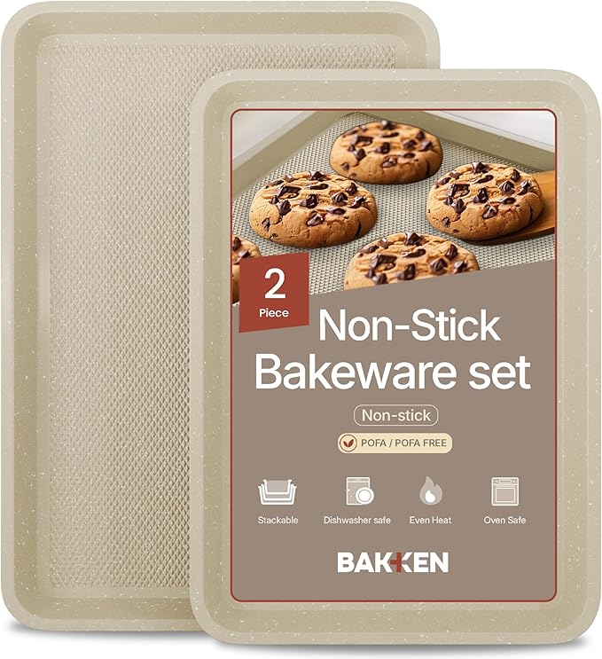 Diamond Bottom Cookie Sheet Set of 2, Nonstick White Marble Carbon Steel Baking Pans for Crisp