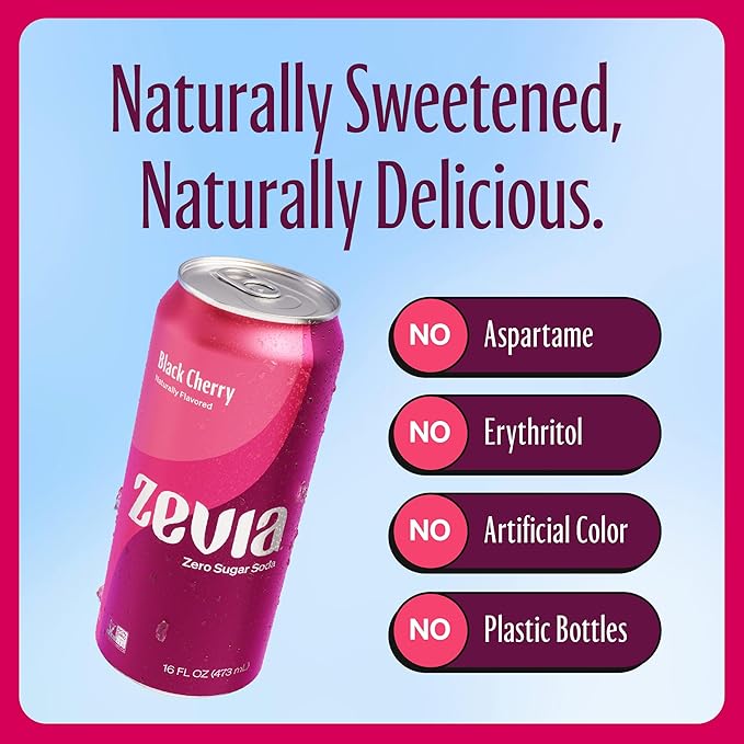 Zevia Zero Sugar Soda, Black Cherry, 16 oz Cans (12-Pack) ??Naturally Sweetened, Non-GMO Project