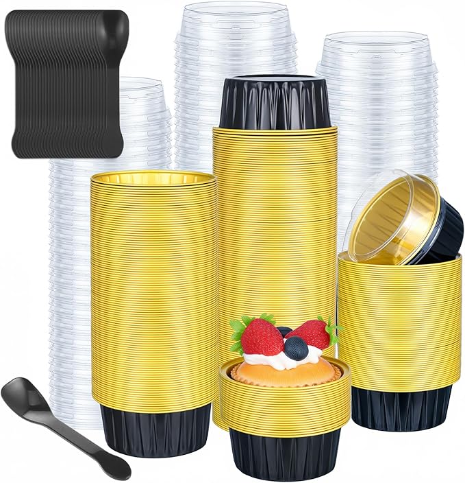 Hushee 600 Pcs Aluminum Foil Baking Cups with Lids and Spoons 5oz Disposable Ramekins Dessert