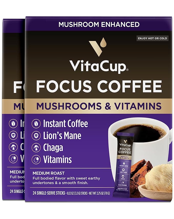 VitaCup Focus Mushroom Coffee Instant Packets, for Memory & Clarity Support, w/Fiber, Chaga, Lion’s