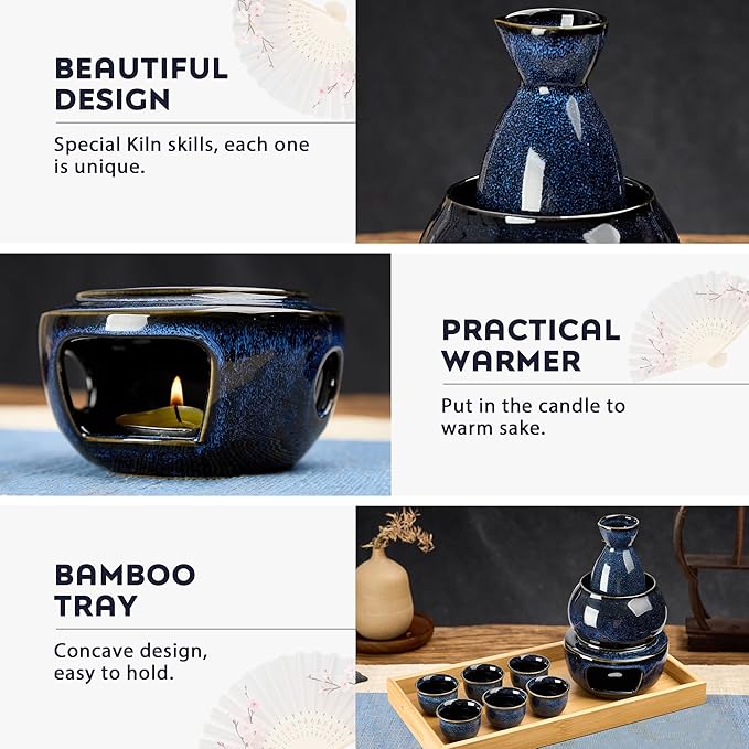 DUJUST 10 pcs Japanese Sake Set with Warmer for 6, Kiln Altered Glaze Porcelain Sake Set, 6 Sake