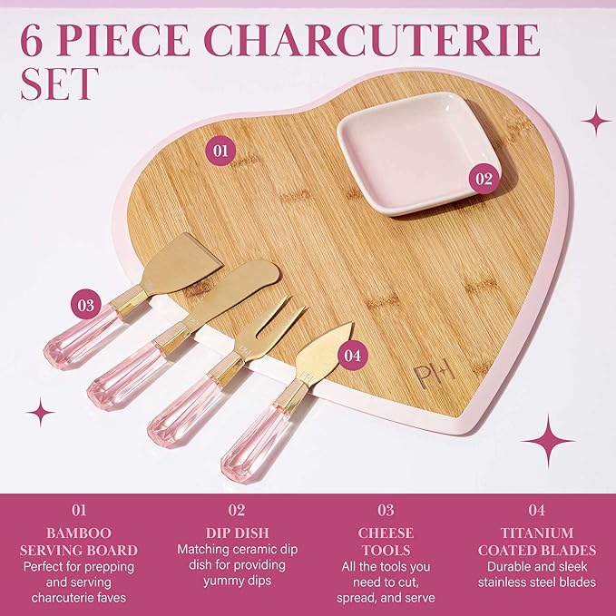 Paris Hilton Charcuterie Board and Serving Set, Bamboo Serving Board, Ceramic Dish, Cheese Utensils