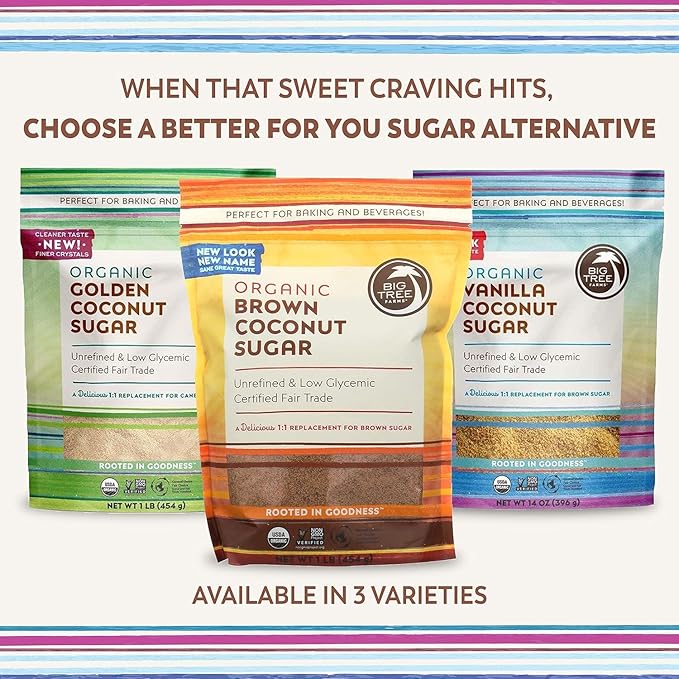 Big Tree Farms Organic Vanilla Coconut Sugar - Coconut Palm Sugar, Unrefined, Fine Crystals, Cane
