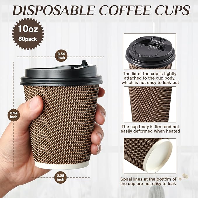 LITOPAK 80 Pack 10 oz Paper Coffee Cups, Insulated Ripple Wall Hot Coffee Cups with Lid and Straws