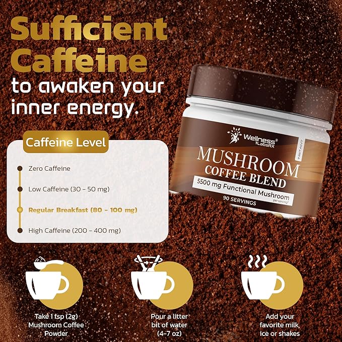 Mushroom Coffee, 90 Servings Organic Mushrooms Instant Coffea, Great Tasting Colombian Keto Coffee