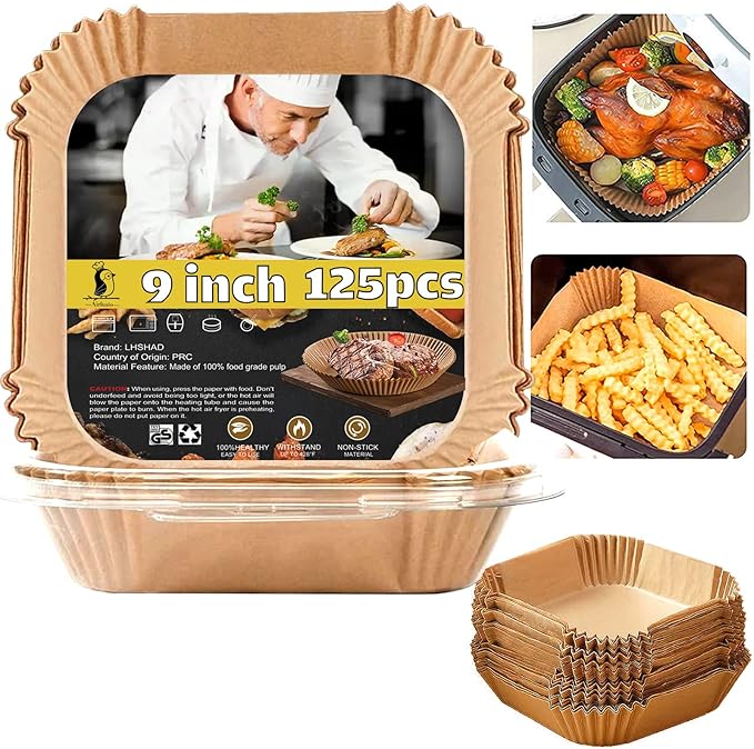 Air Fryer Liners Disposable 9 Inch, 9 inch Air Fryer Liners 125 Pcs Large Square Air Fryer Paper