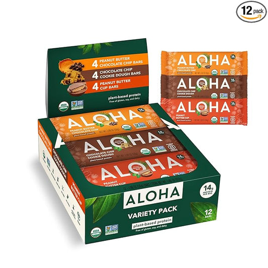 ALOHA Organic Plant Based Protein Bars - 3 Flavor Variety Pack - 12 Count, 1.98oz Bars - Vegan