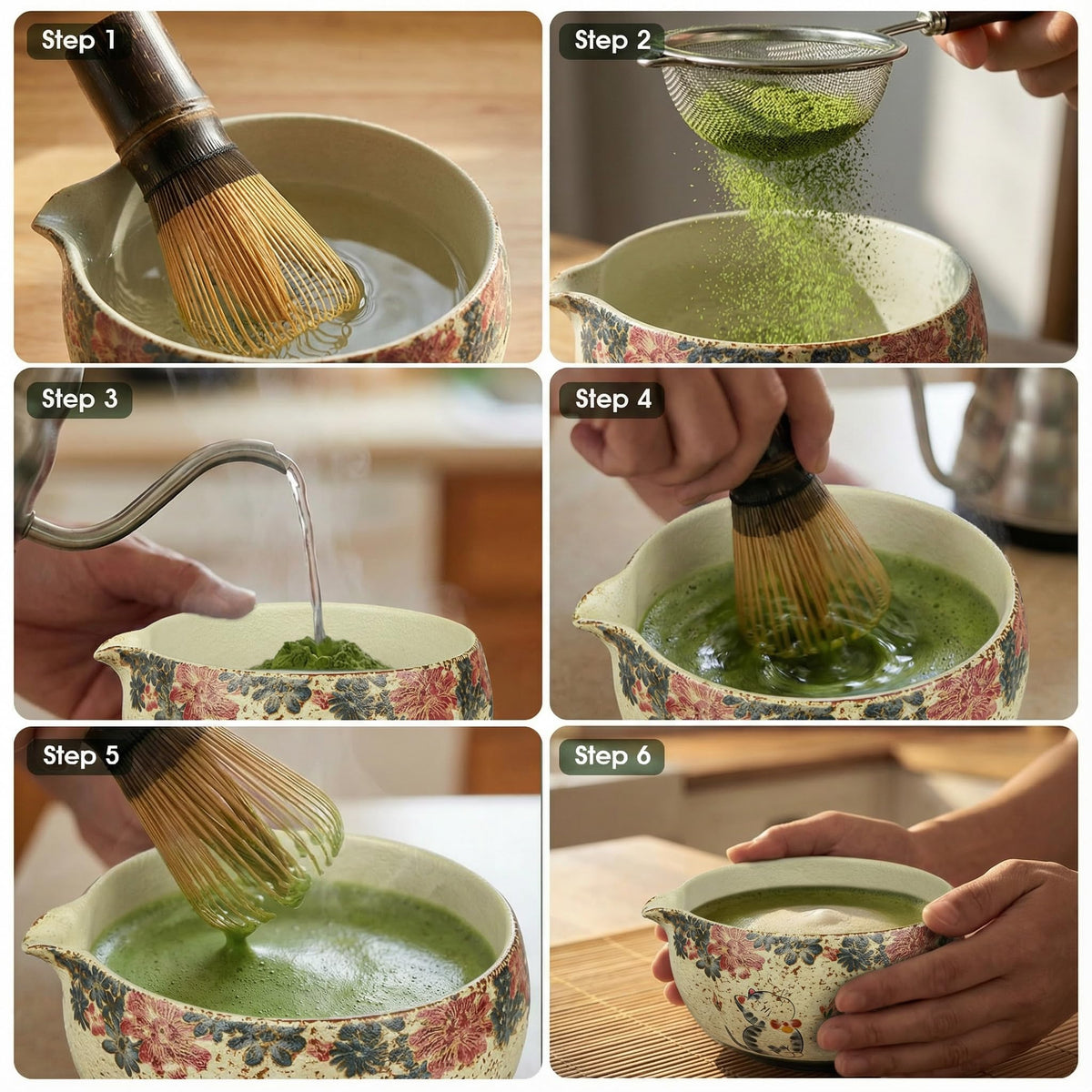 GleeNflux Matcha Set, 7-Piece Matcha Whisk Set with Bowl & 100-Prong Whisk