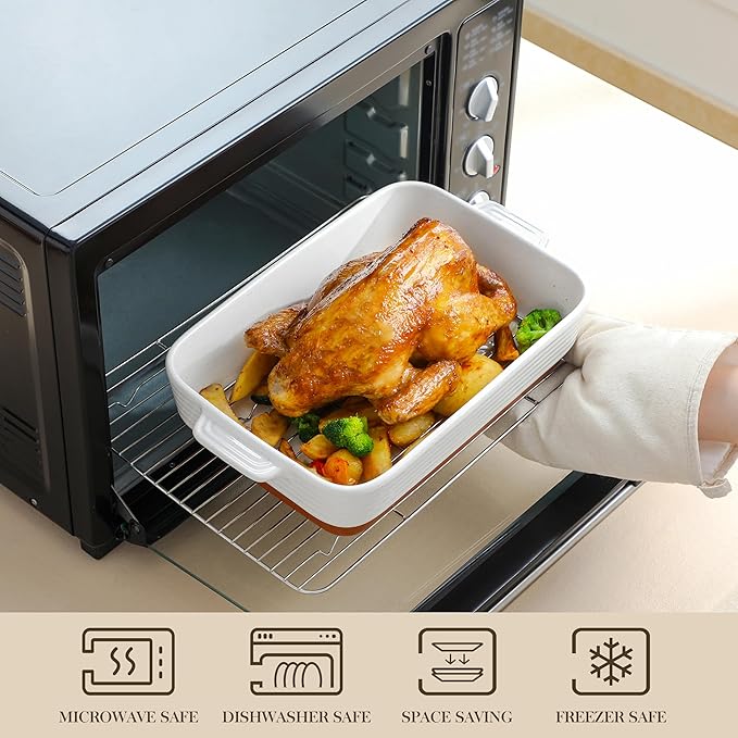 MALACASA Casserole Dishes for Oven with Roasting Racks, Ceramic Baking Dishes Set of 3, Baking Pan