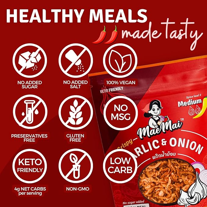 MaeMai Medium Spice (SPICY) - Crispy Onions & Garlic Flakes - Crunchy All-Purpose Seasoning, Keto