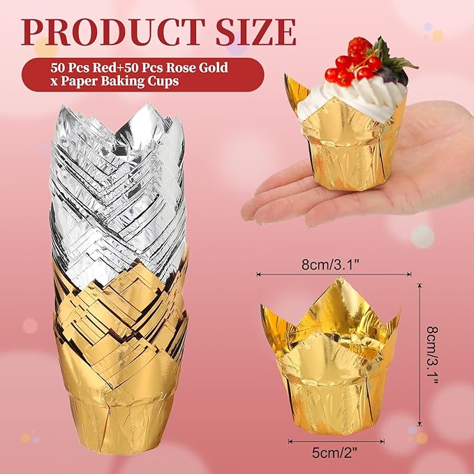 uxcell 100 Pcs Tulip Cupcake Liners, Muffins Liners Aluminum Foil Cupcake Wrappers Baking Cups