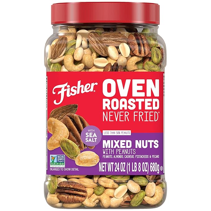 Fisher Oven Roasted Never Fried Mixed Nuts with Peanuts, 24 Ounces (Pack of 1), Peanuts, Almonds