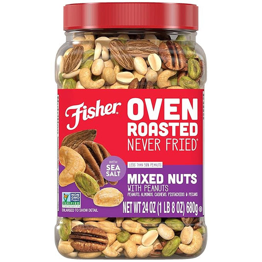 Fisher Oven Roasted Never Fried Mixed Nuts with Peanuts, 24 Ounces (Pack of 1), Peanuts, Almonds