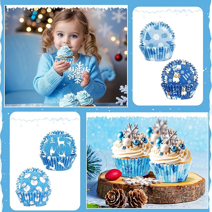 SANNIX 450pcs Winter Christmas Cupcake Liners Santa Snowflakes Cupcake Wrappers Baking Cups Paper