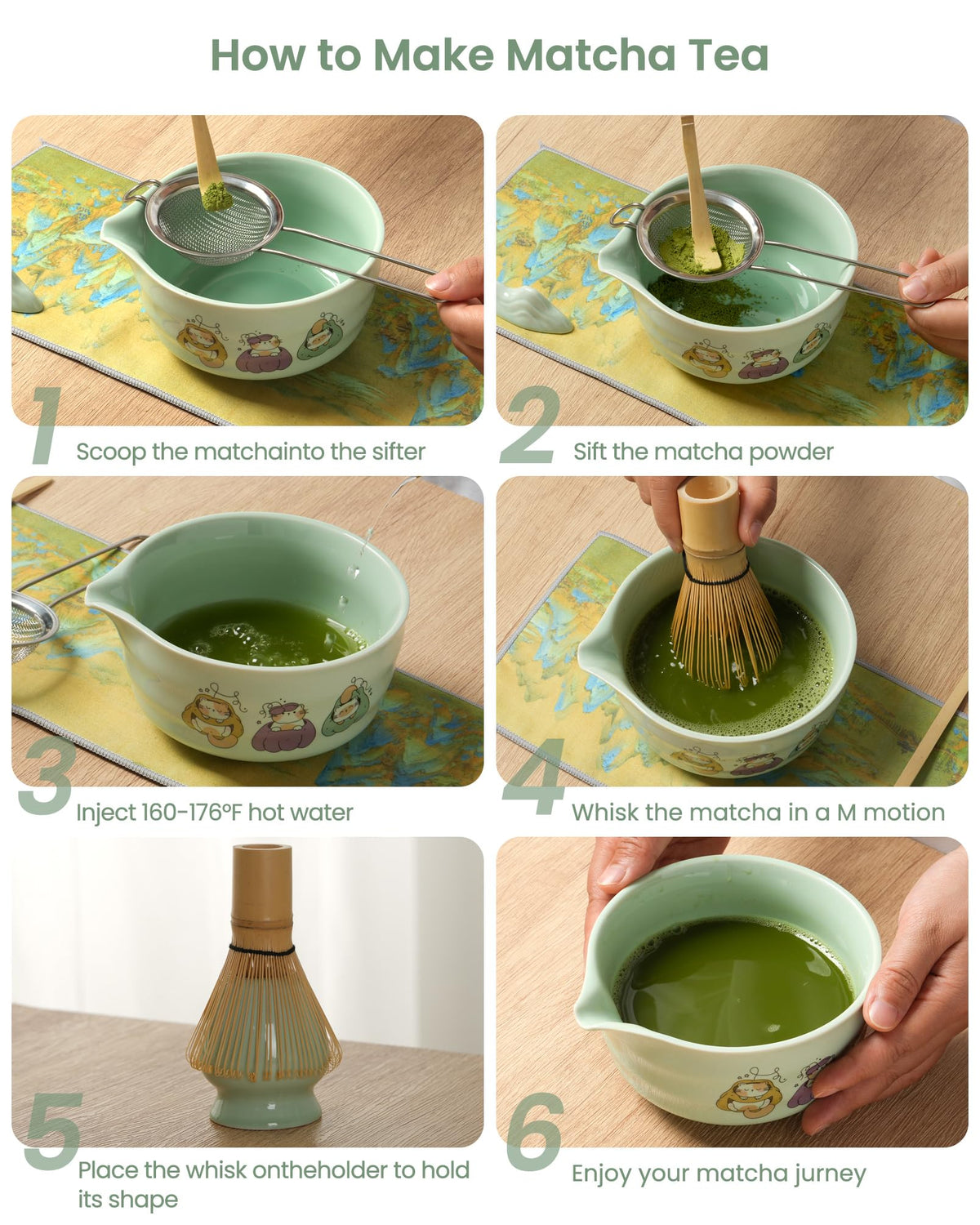 Matcha Whisk Tea Set Kit Japanese Matcha Kit - Matcha Bowl, Matcha Whisk and Holder, Bamboo Scoop