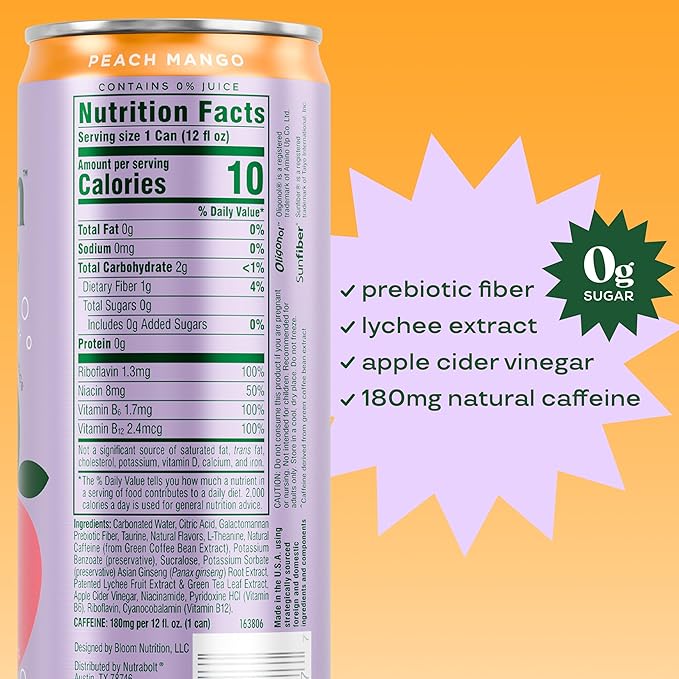 Bloom Nutrition Sparkling Energy Drink for Focus, Natural Caffeine, Zero Sugar, 180mg Caffeine