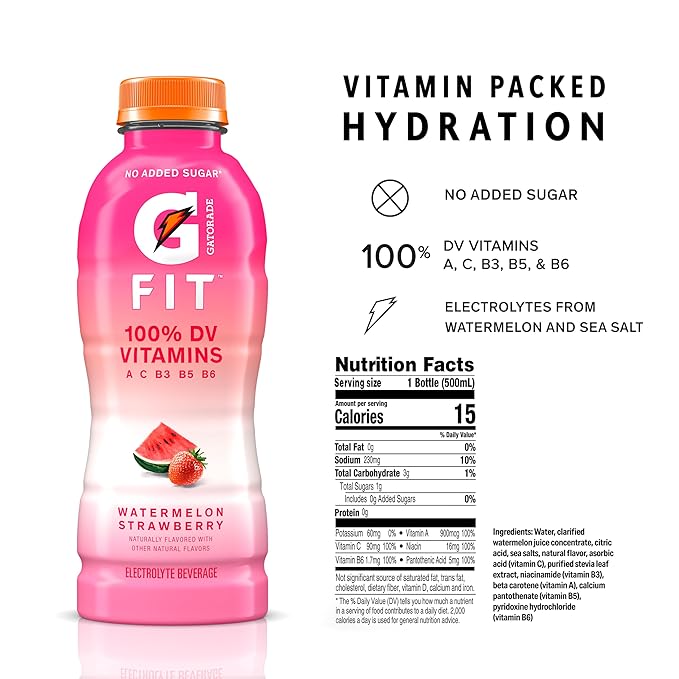 Gatorade Fit Electrolyte Beverage, Healthy Real Hydration, Watermelon Strawberry, 16.9.oz Bottles