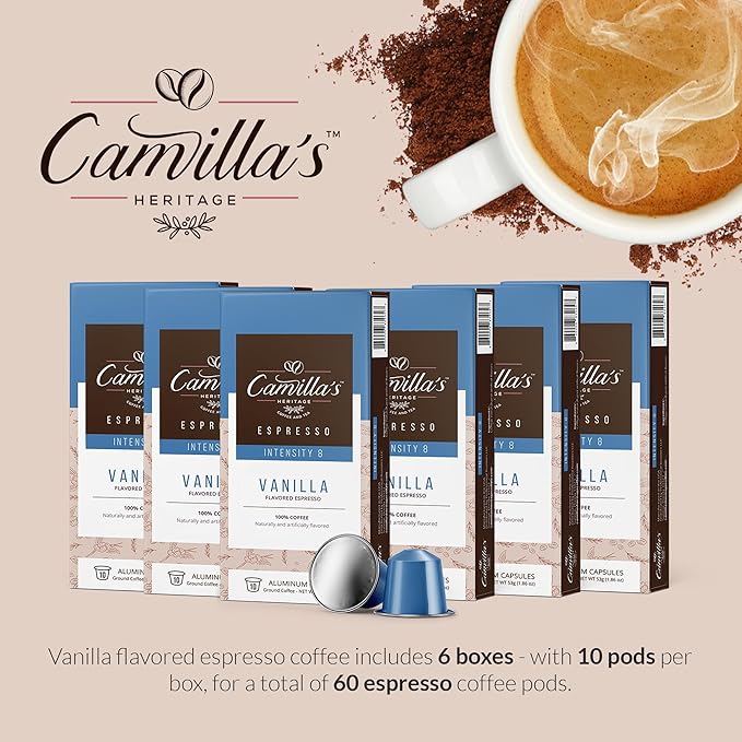 Camilla’s Heritage - Intensity 8 Vanilla Flavored Espresso Coffee, Gourmet Espresso Cups, 60 Coffee