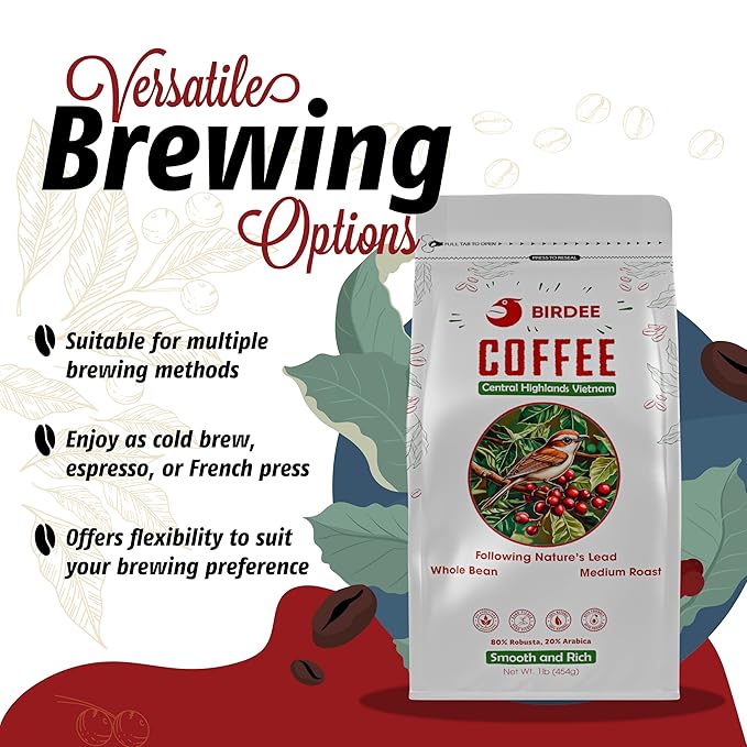 Birdee Vietnamese Coffee ??1 LB, Medium Roast Whole Bean, Arabica and Robusta, Hand-Picked