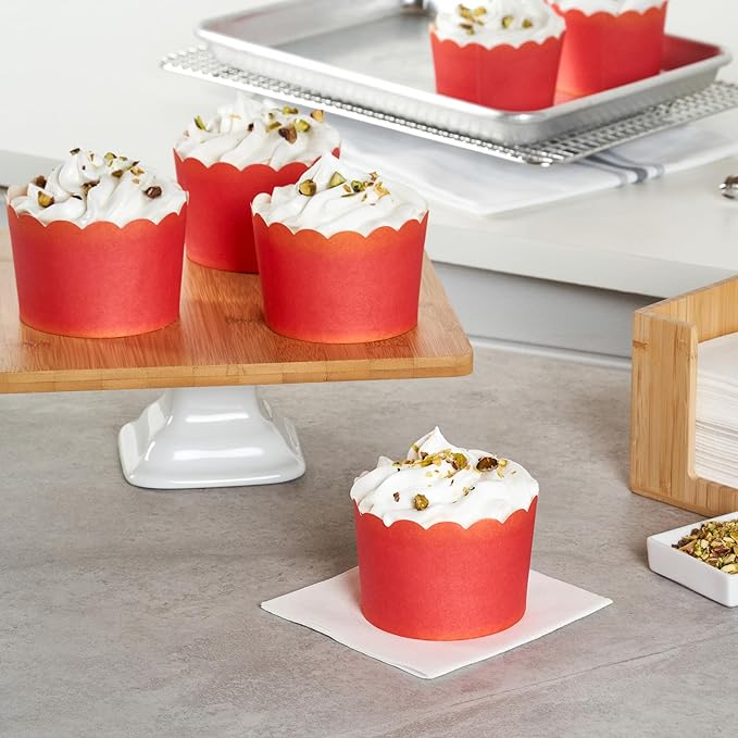 Panificio 10 Ounce Cupcake Wrappers, 200 Scalloped Baking Cups - Oven-Ready, Greaseproof, Red Paper
