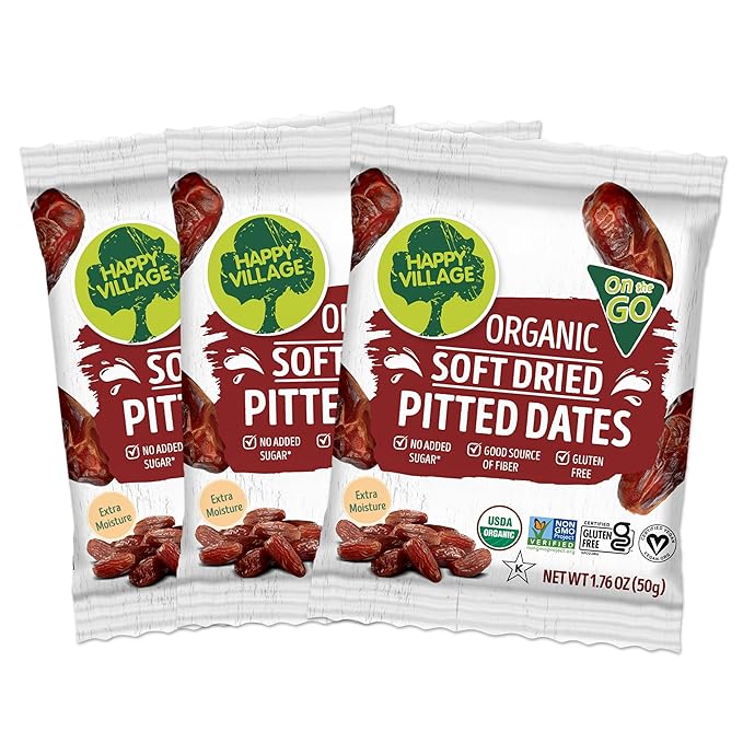 Happy Village Organic Soft Dried Pitted Dates On the Go – 3 Bags (15 Individual Portion Packs) |
