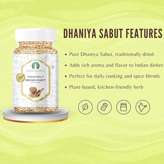 AYURVEDASHREE Coriander Whole (Indian Dhania) Spice 80gm PET Jar | All Natural | Salt-Free | Vegan